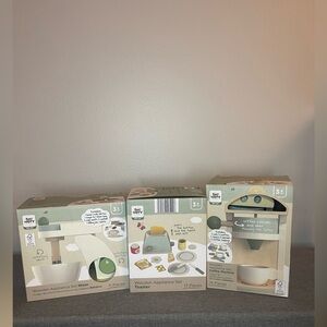 Bee Happy wooden kitchen appliances. 3 pack includes coffee, mixer and toaster.